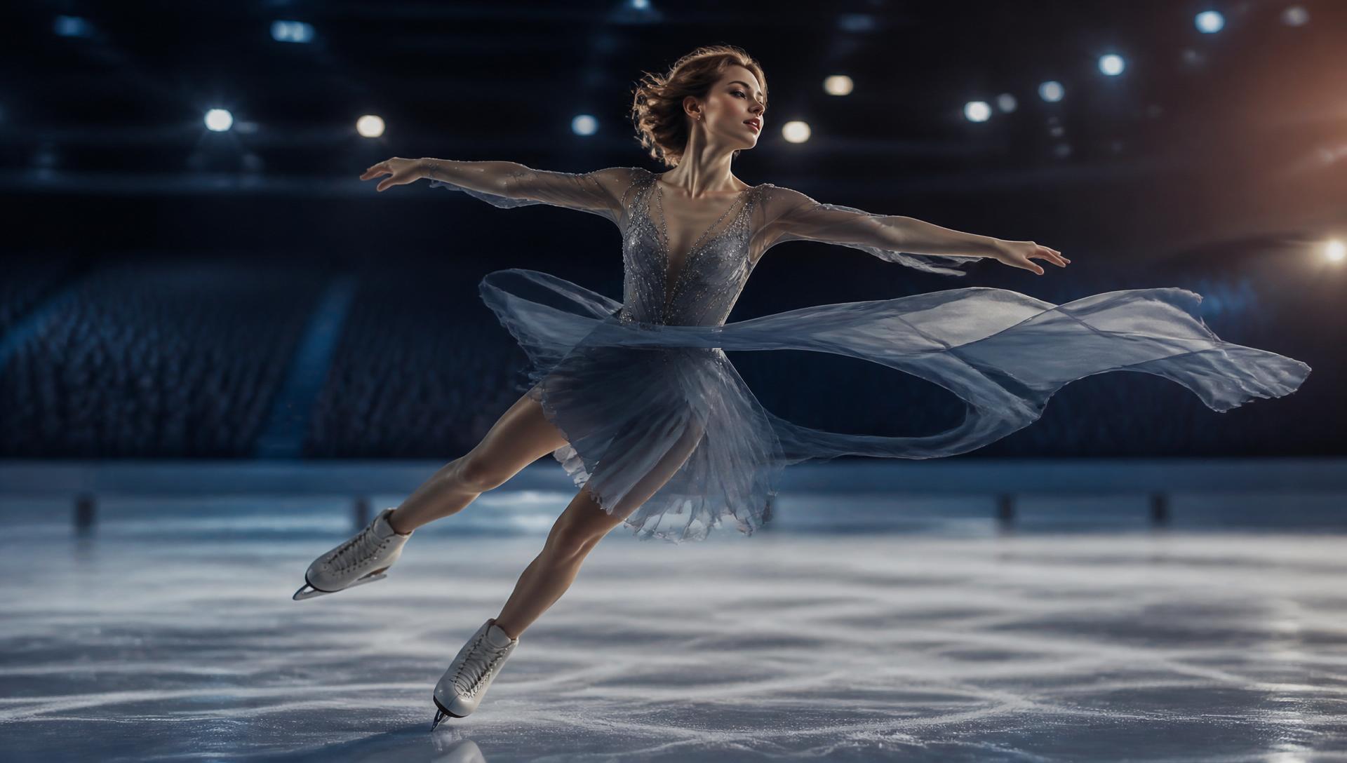 A single figure skater at the centre of the ice, arena lights held low.